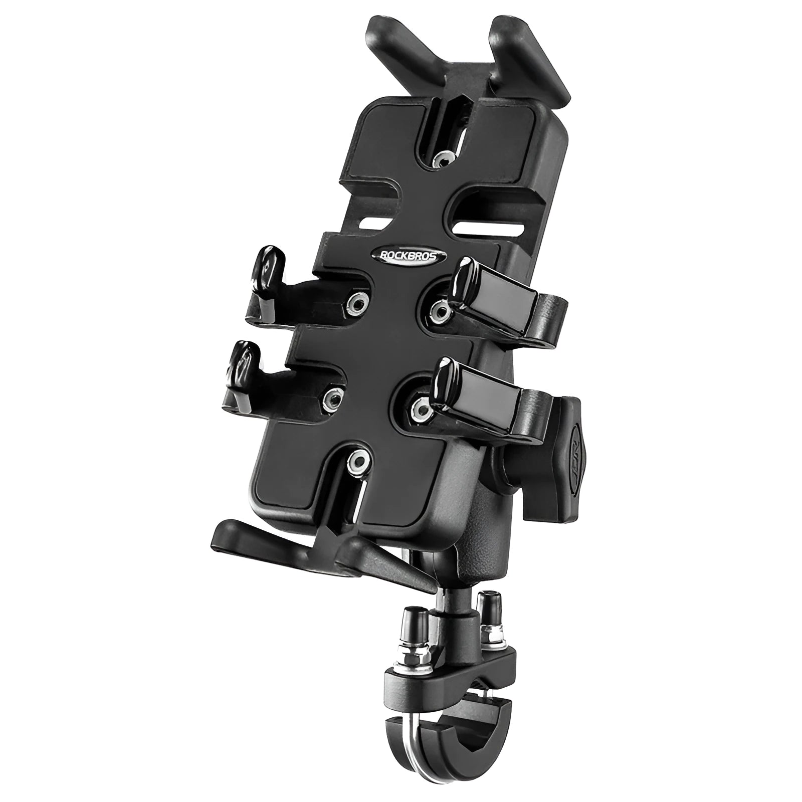 Black nylon motorcycle phone mounting bracket for U-shaped handlebars