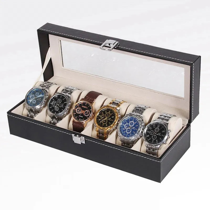 Black wooden watch jewellery box with six individual display windows for watch storage.