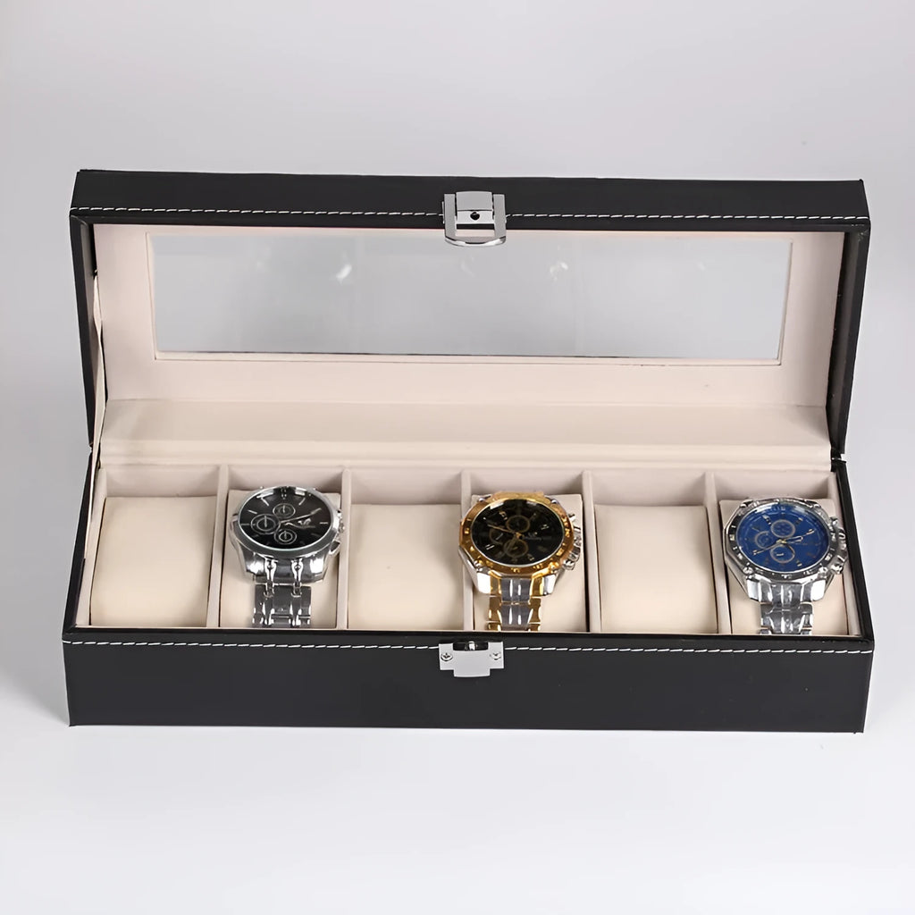 Black wooden watch jewellery box with six individual display windows for watch storage.
