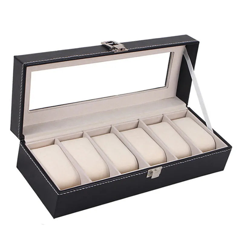 Black wooden watch jewellery box with six individual display windows for watch storage.