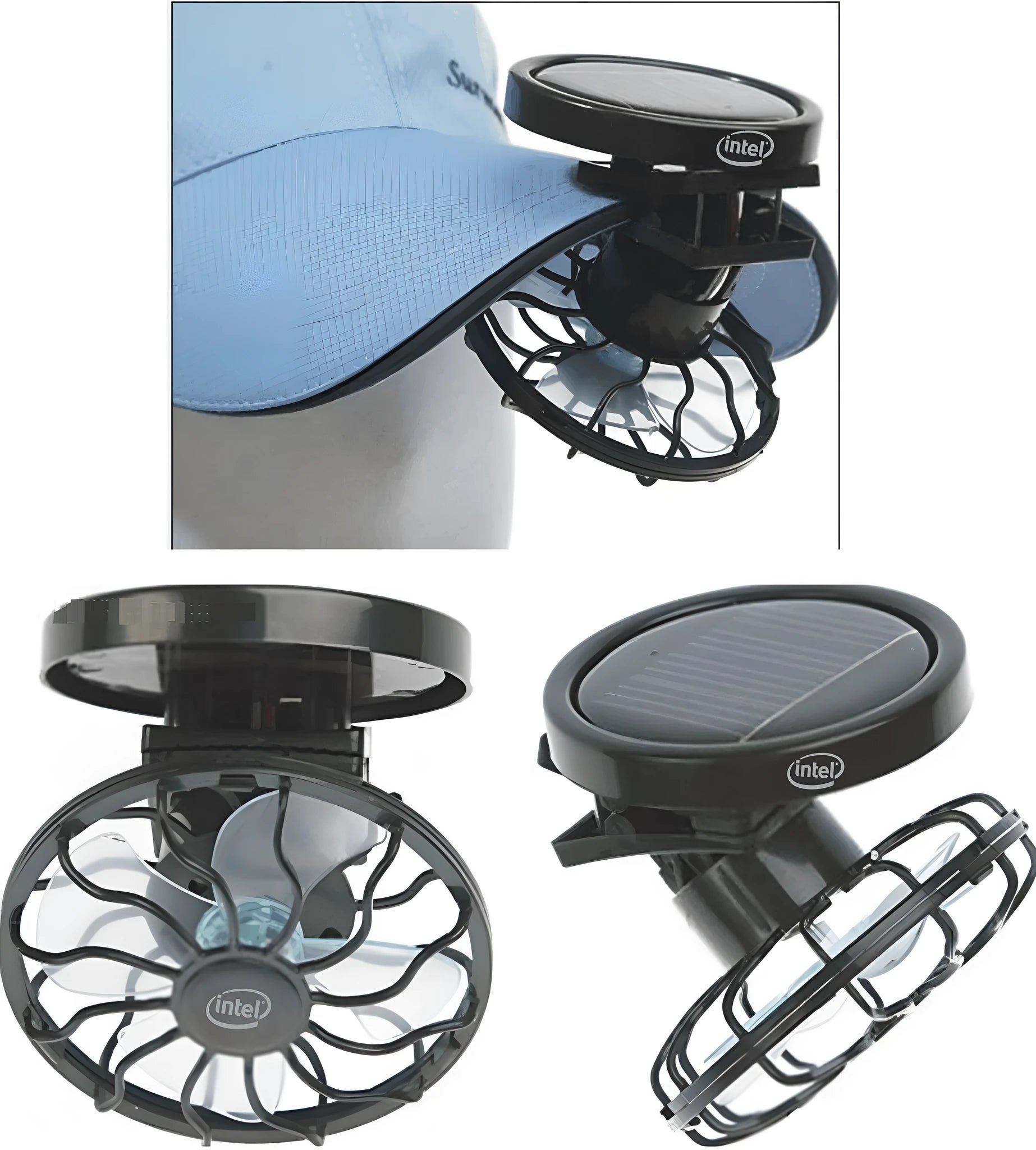 Black portable solar fan panel with clip, shown in an outdoor setting.