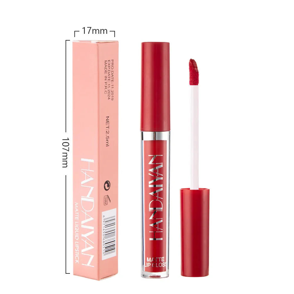 HANDAIYAN matte non-stick cup liquid lipstick in 2.5ml bottle, showing colour options 1-12 and Set B.