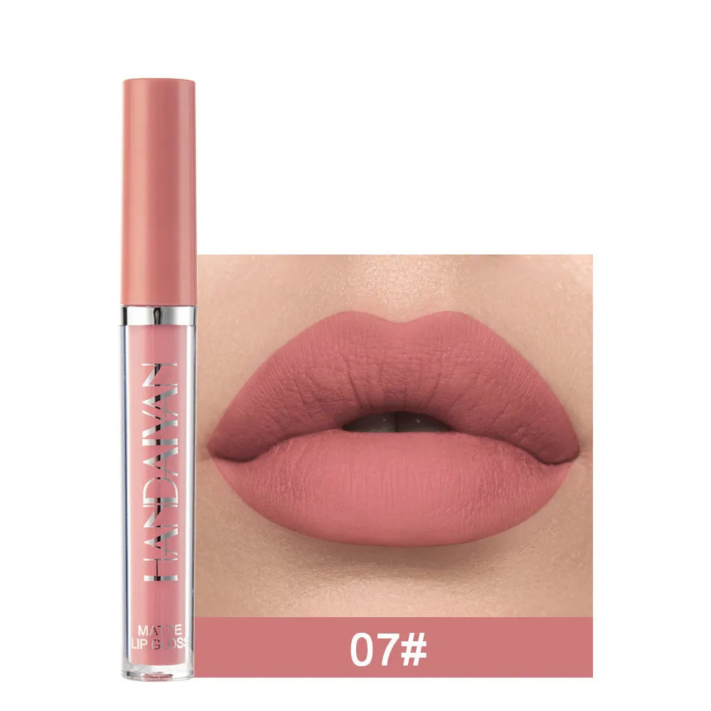 HANDAIYAN matte non-stick cup liquid lipstick in 2.5ml bottle, showing colour options 1-12 and Set B.