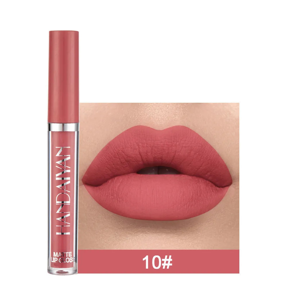 HANDAIYAN matte non-stick cup liquid lipstick in 2.5ml bottle, showing colour options 1-12 and Set B.