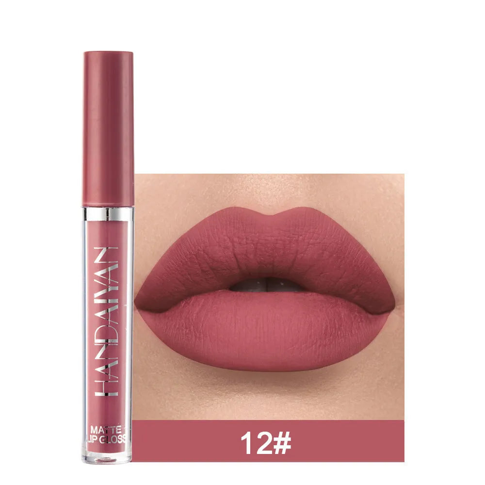 HANDAIYAN matte non-stick cup liquid lipstick in 2.5ml bottle, showing colour options 1-12 and Set B.