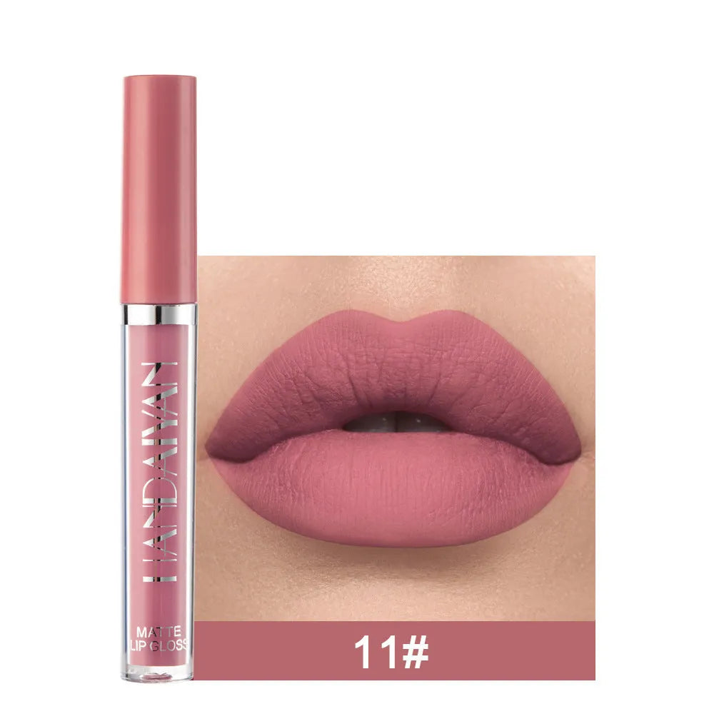 HANDAIYAN matte non-stick cup liquid lipstick in 2.5ml bottle, showing colour options 1-12 and Set B.