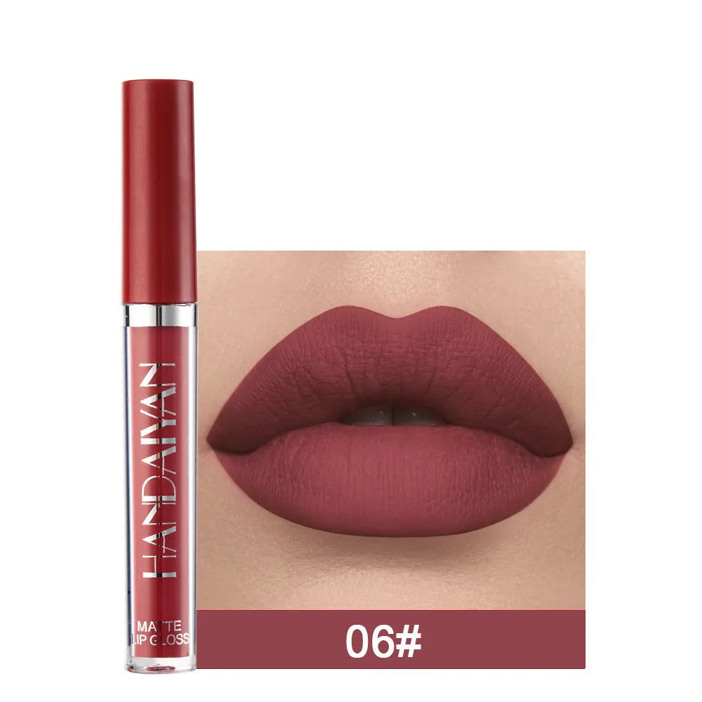 HANDAIYAN matte non-stick cup liquid lipstick in 2.5ml bottle, showing colour options 1-12 and Set B.