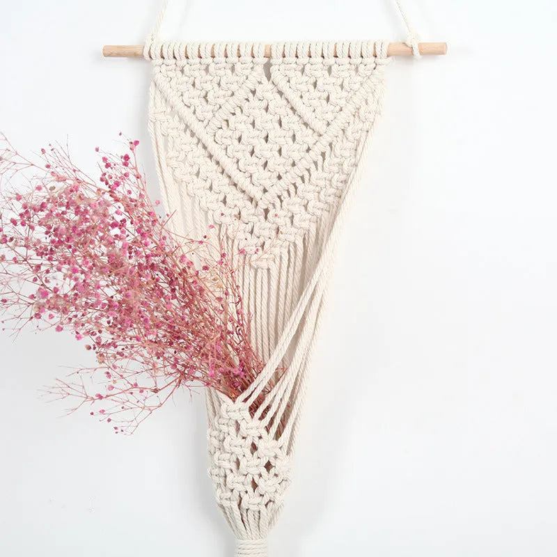 White woven cotton net bag wall tapestry with grid pattern measuring 30x70cm