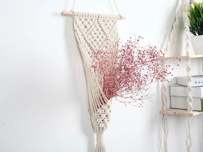 White woven cotton net bag wall tapestry with grid pattern measuring 30x70cm