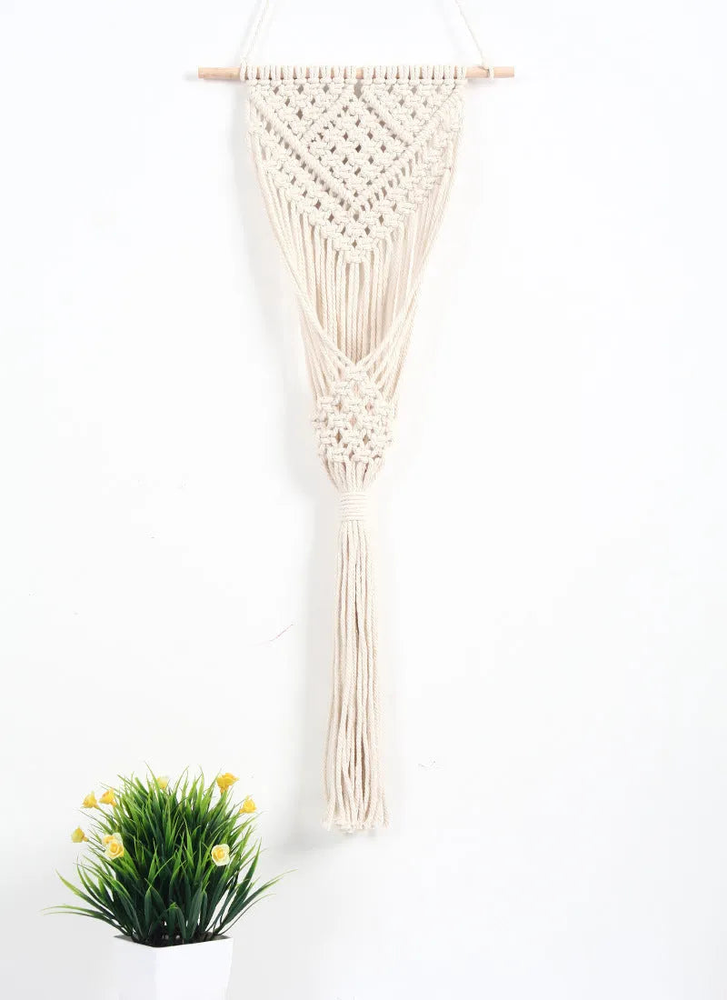 White woven cotton net bag wall tapestry with grid pattern measuring 30x70cm