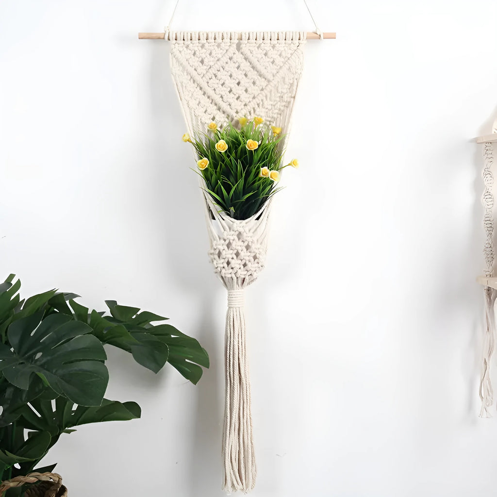 White woven cotton net bag wall tapestry with grid pattern measuring 30x70cm
