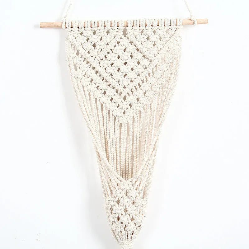 White woven cotton net bag wall tapestry with grid pattern measuring 30x70cm