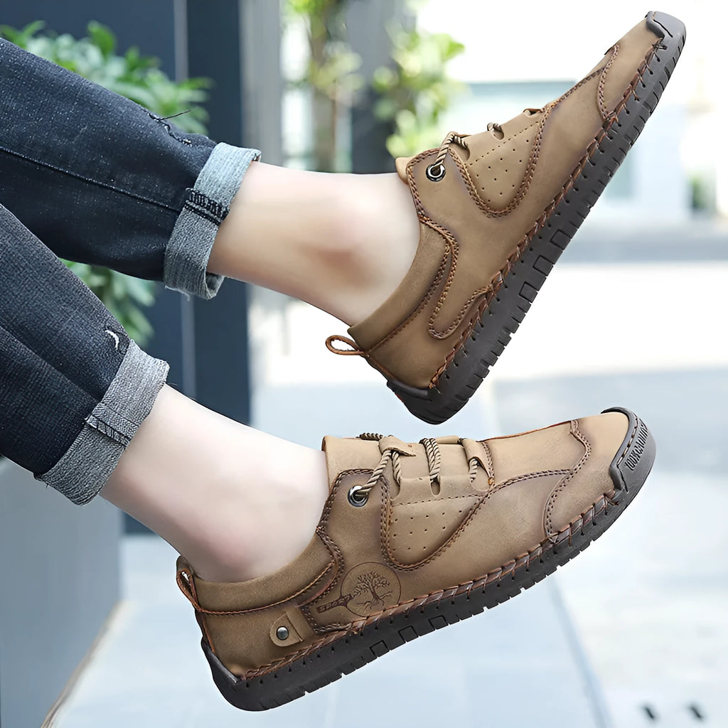 Men's casual microfiber leather shoes in black, gold and khaki colours with round toe