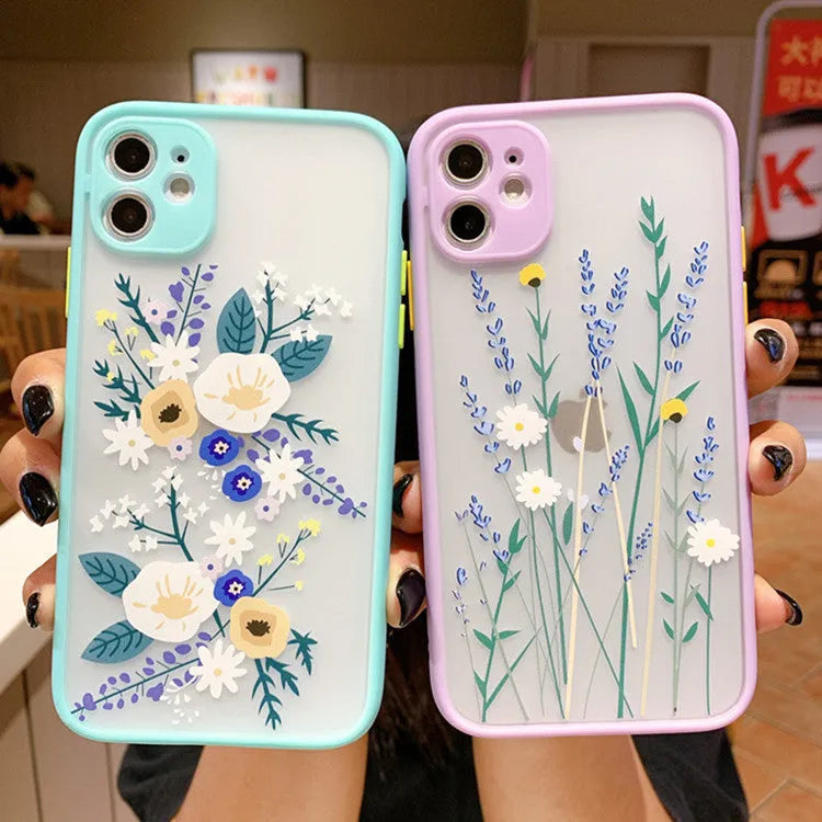 Contrasting colour matte frame iPhone case with painted cartoon floral design in blue flower colourway