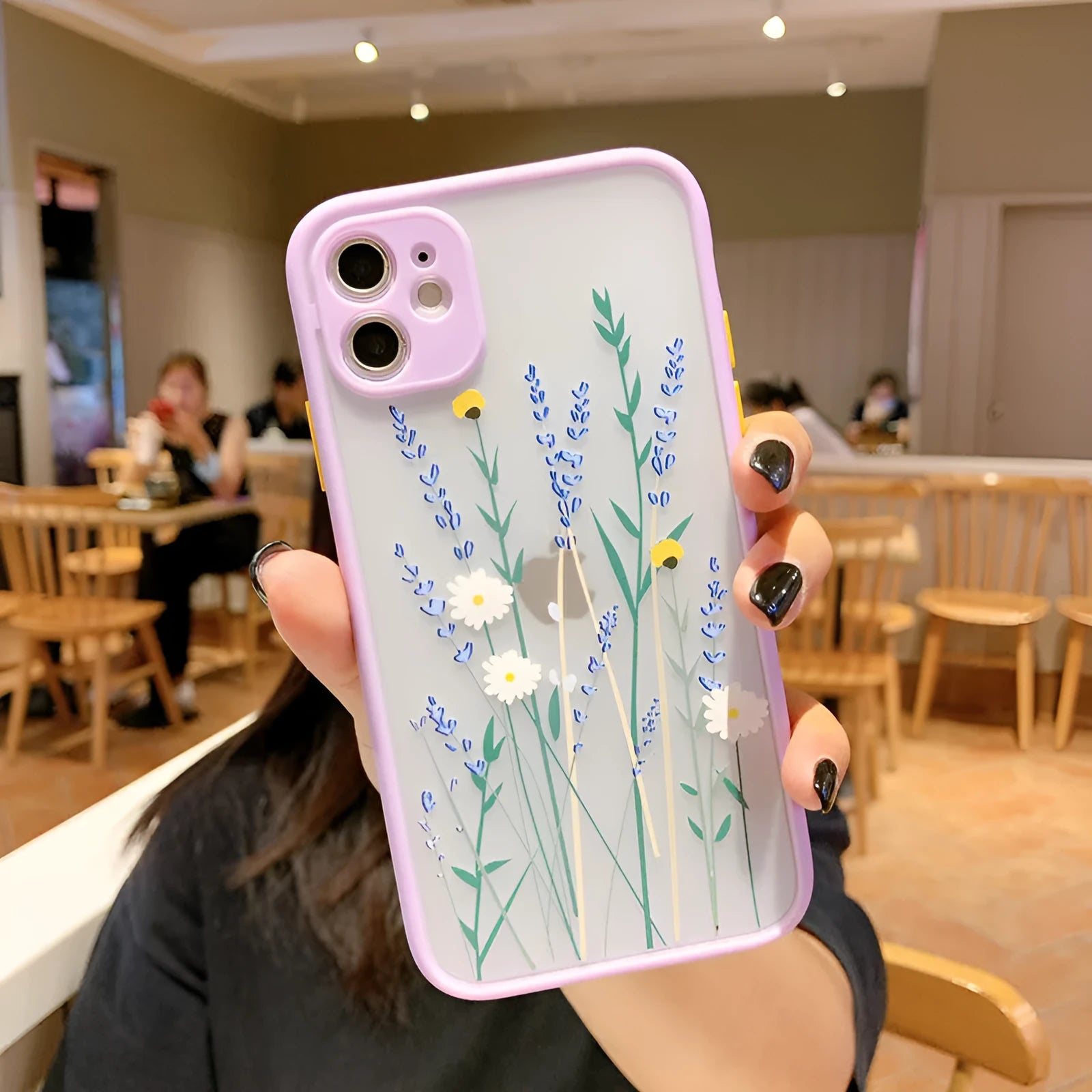 Contrasting colour matte frame iPhone case with painted cartoon floral design in blue flower colourway