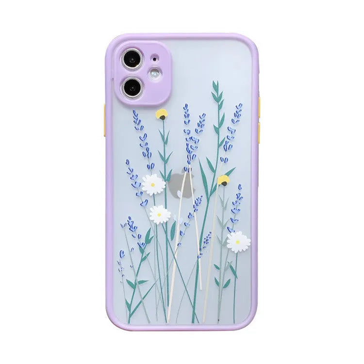 Contrasting colour matte frame iPhone case with painted cartoon floral design in blue flower colourway