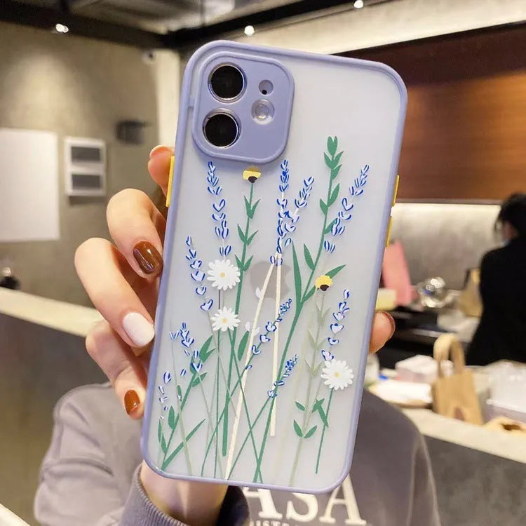 Contrasting colour matte frame iPhone case with painted cartoon floral design in blue flower colourway