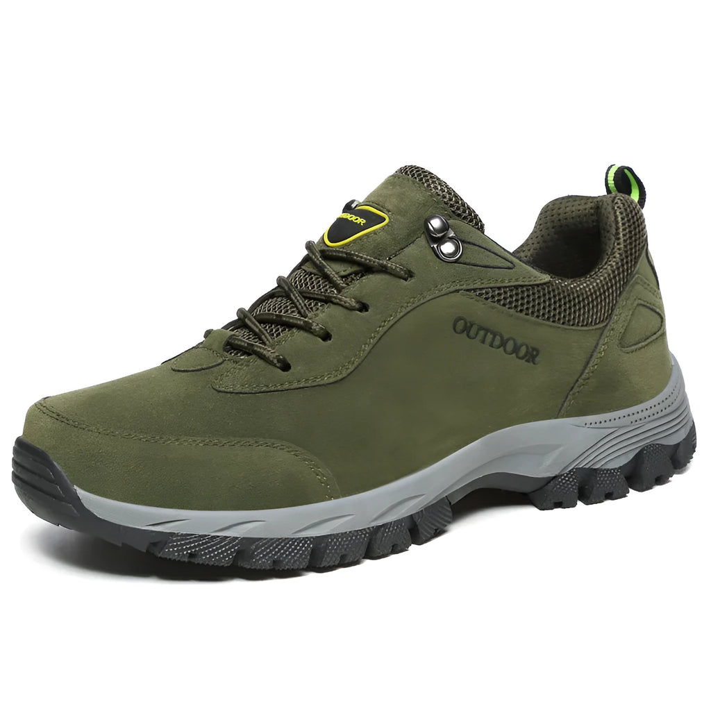 Men's low-top hiking shoe in army green with mesh upper and casual design.
