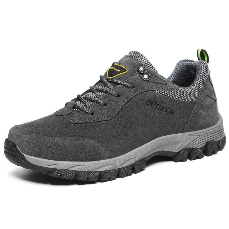 Men's low-top hiking shoe in army green with mesh upper and casual design.