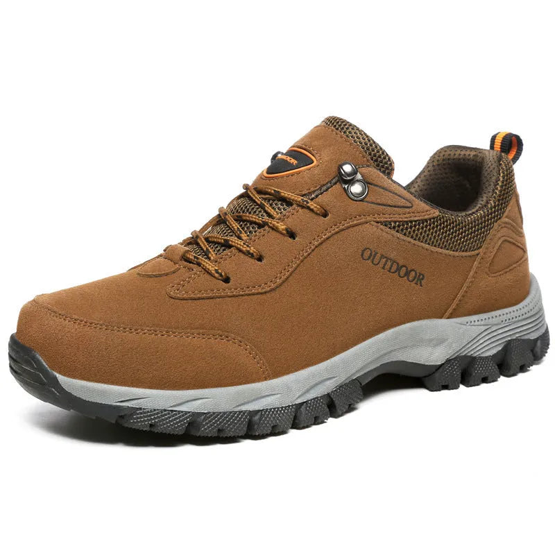 Men's low-top hiking shoe in army green with mesh upper and casual design.