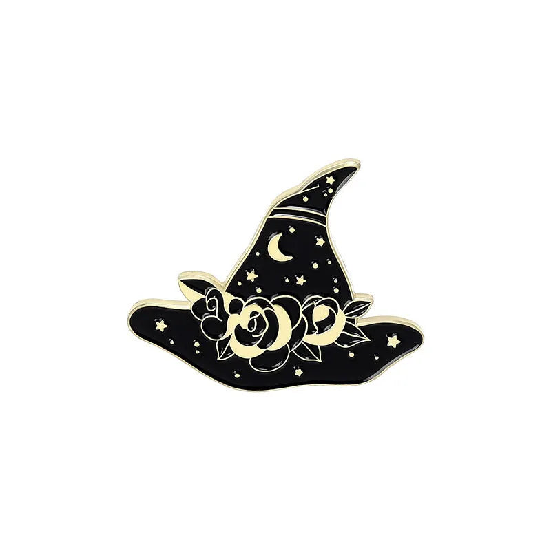 Punk black magic cat brooch with wizard hat design in alloy with baking varnish finish on white background.