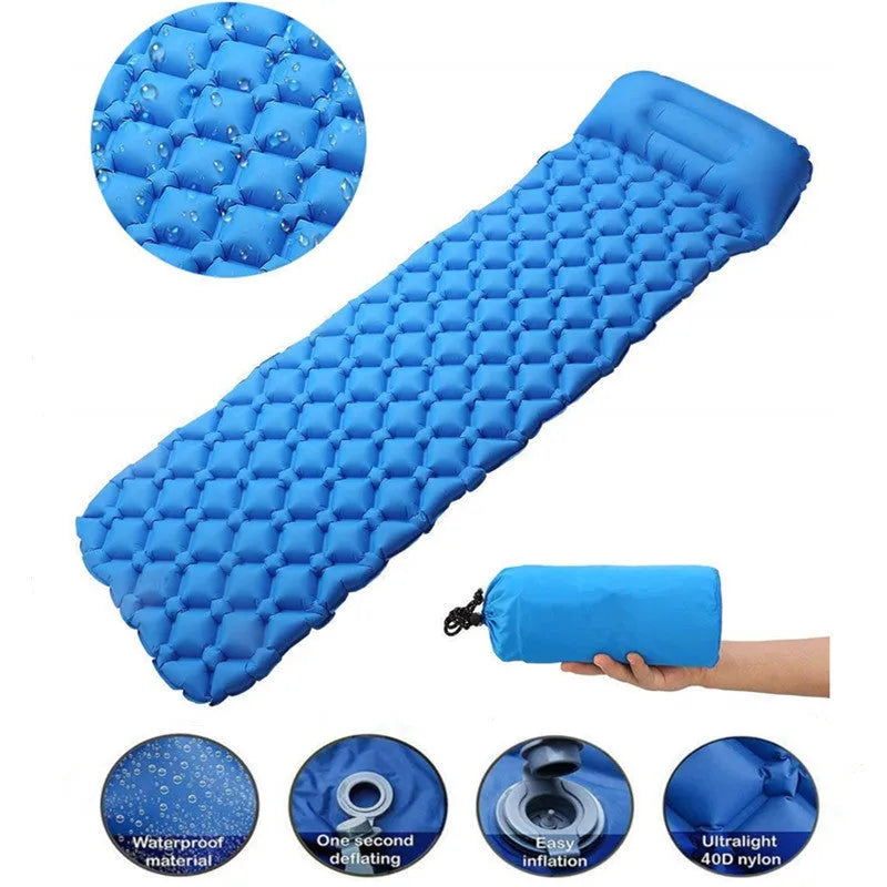 TPU outdoor inflatable cushion in blue, inflated on grass, 190x56x5.5cm, waterproof camping mat