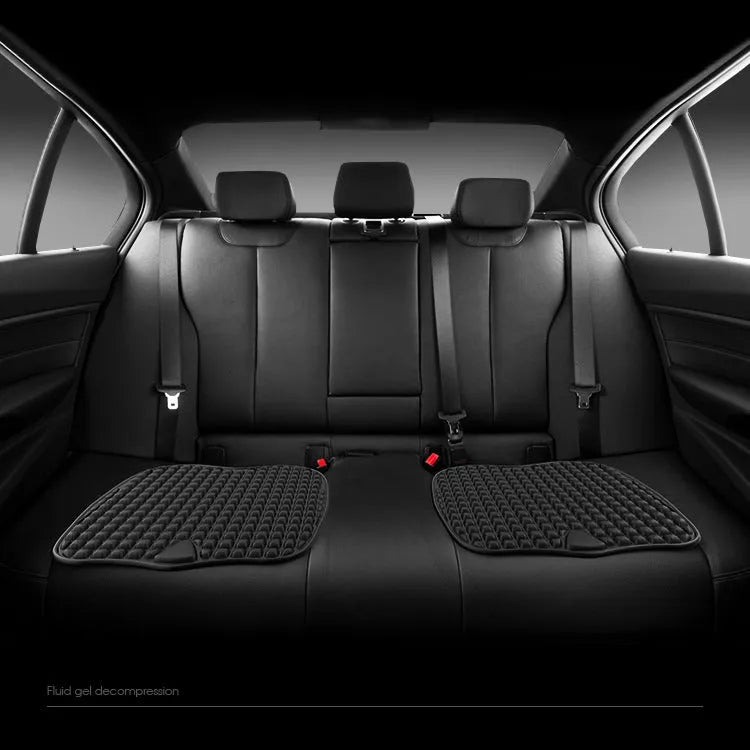 Breathable gel car seat cushion in black with ice silk fabric and fluid gel filling for summer use