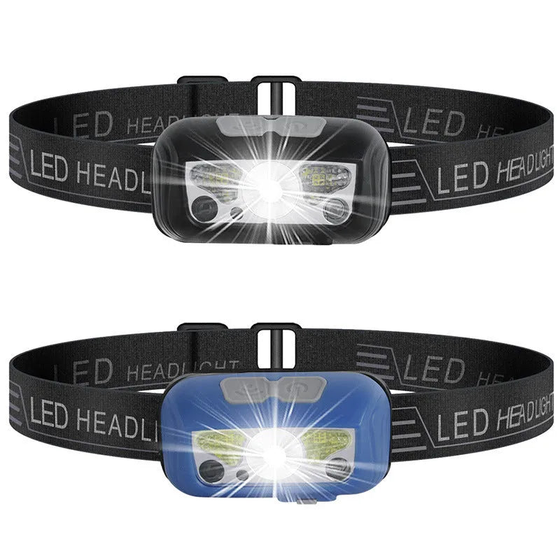 USB rechargeable sensor headlight with white LED and red running lights showing wave control sensor