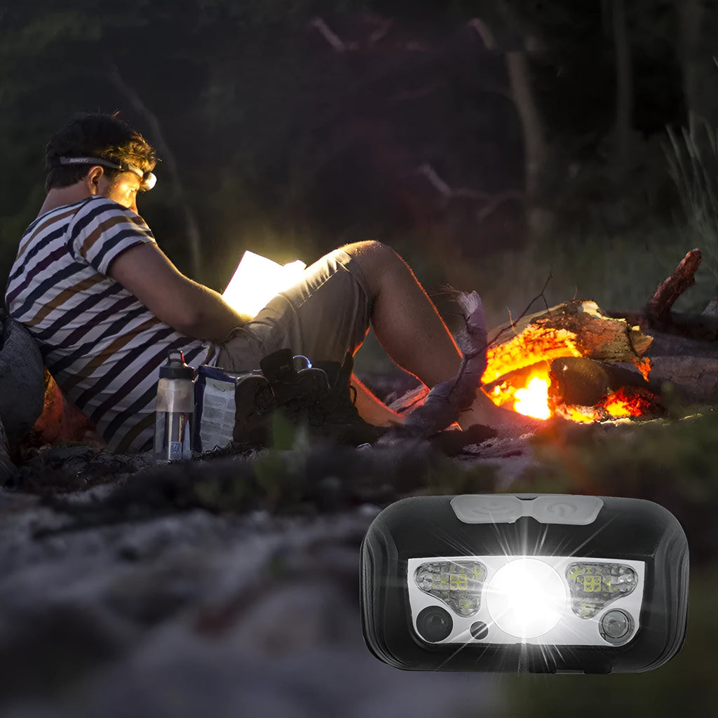 USB rechargeable sensor headlight with white LED and red running lights showing wave control sensor