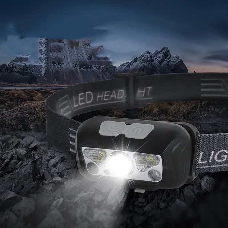 USB rechargeable sensor headlight with white LED and red running lights showing wave control sensor