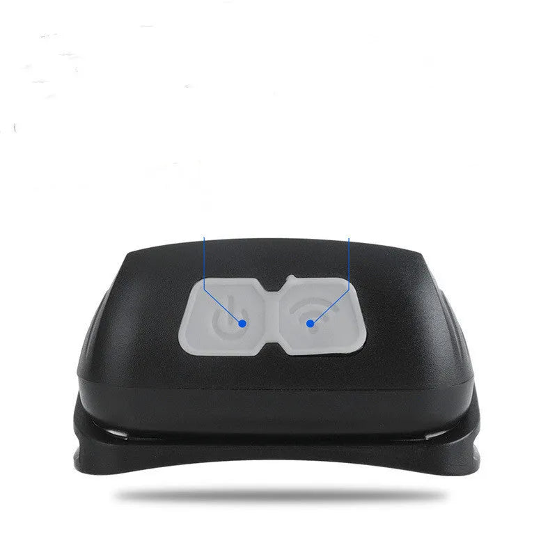 USB rechargeable sensor headlight with white LED and red running lights showing wave control sensor