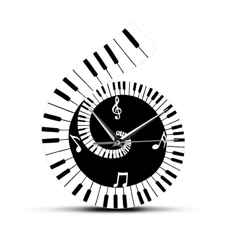 Black and white treble clef shaped wall clock with piano keyboard design and musical notes