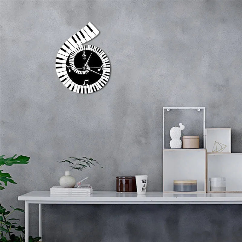 Black and white treble clef shaped wall clock with piano keyboard design and musical notes