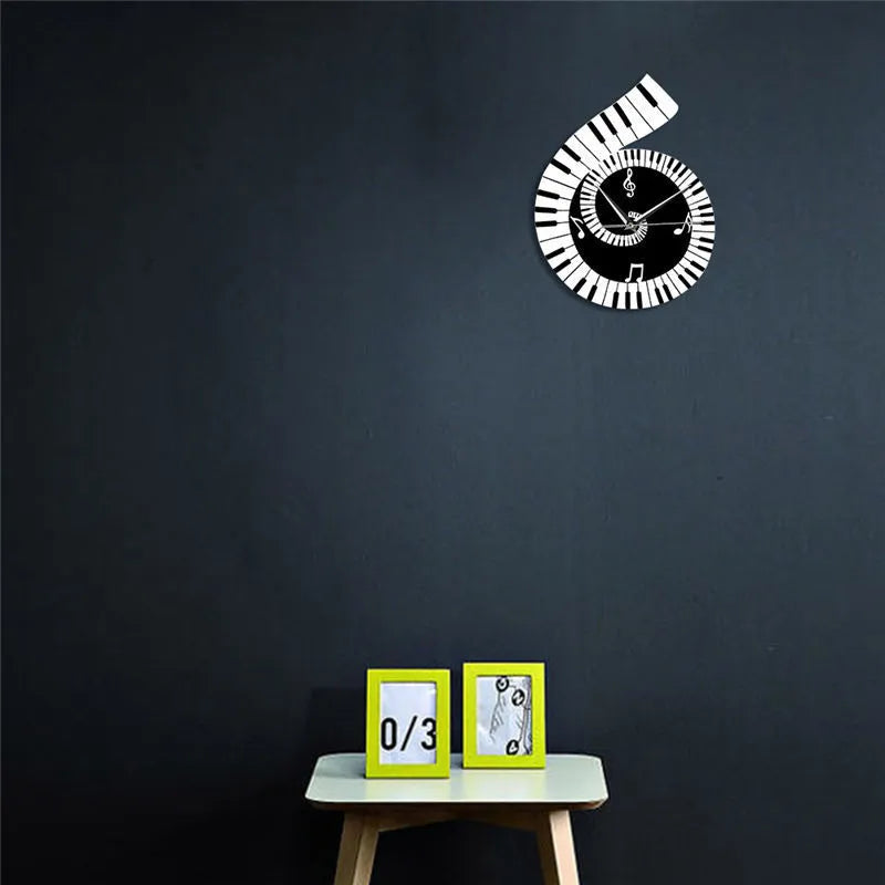 Black and white treble clef shaped wall clock with piano keyboard design and musical notes