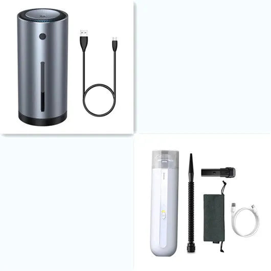 Starry sky black handheld cordless car vacuum cleaner with blowing hose accessory on a desktop.
