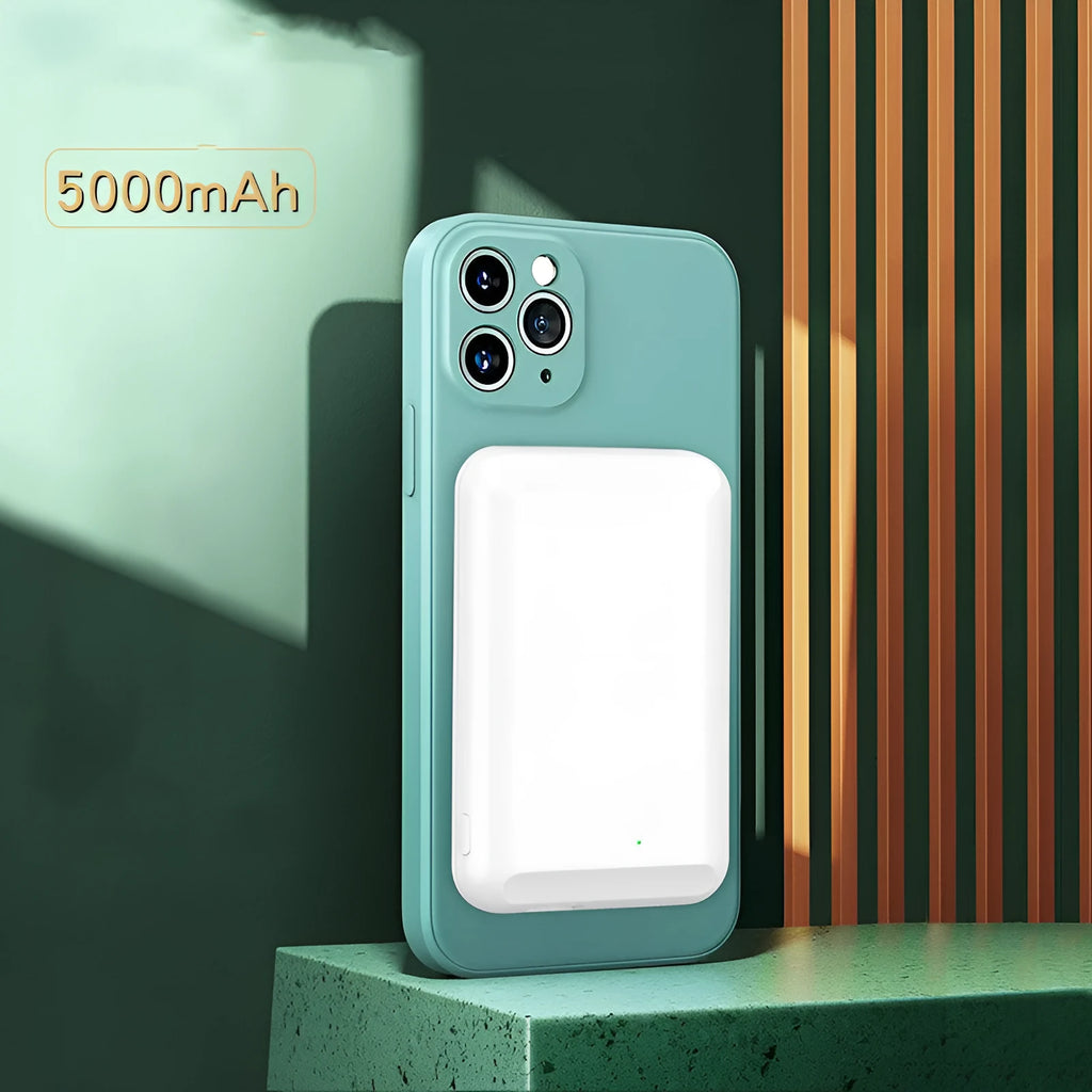 Magnetic wireless power bank in black, blue, green, pink, or white colour with 5000mAh capacity.