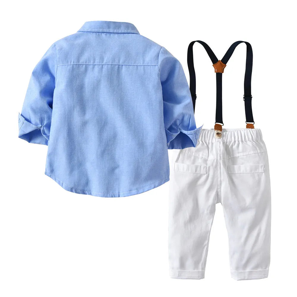 Boys blue Korean style gentleman bib pant suit with bow tie, long sleeves, and trousers