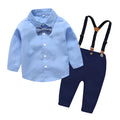 Boys blue Korean style gentleman bib pant suit with bow tie, long sleeves, and trousers