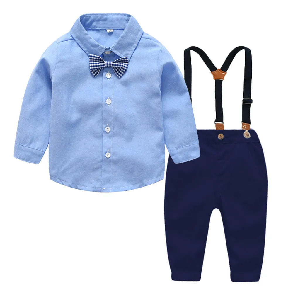 Boys blue Korean style gentleman bib pant suit with bow tie, long sleeves, and trousers