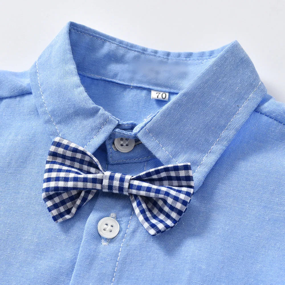 Boys blue Korean style gentleman bib pant suit with bow tie, long sleeves, and trousers