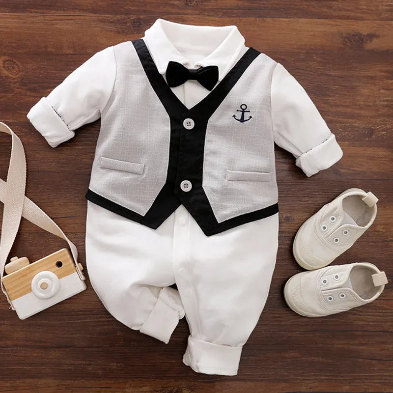 Baby boy's gentleman style long-sleeved cotton romper in one-piece design showing size options from 59cm to 90cm