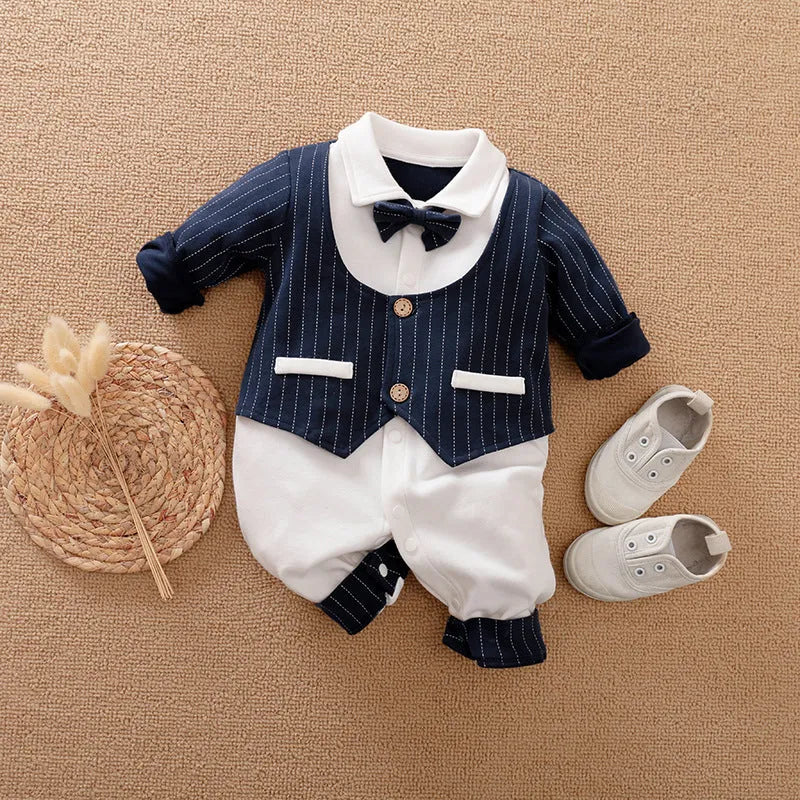 Baby boy's gentleman style long-sleeved cotton romper in one-piece design showing size options from 59cm to 90cm