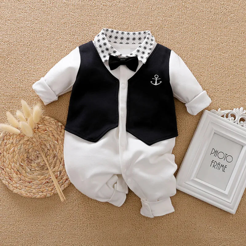 Baby boy's gentleman style long-sleeved cotton romper in one-piece design showing size options from 59cm to 90cm