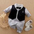 Baby boy's gentleman style long-sleeved cotton romper in one-piece design showing size options from 59cm to 90cm