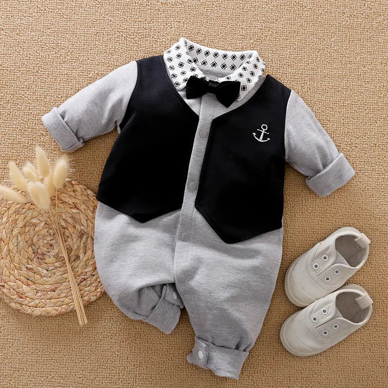 Baby boy's gentleman style long-sleeved cotton romper in one-piece design showing size options from 59cm to 90cm