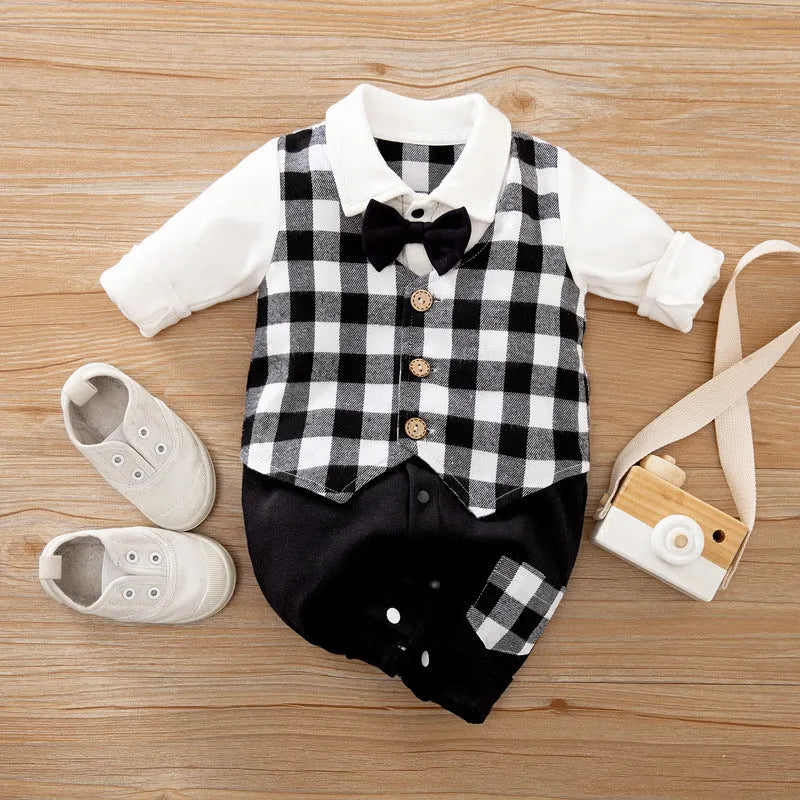 Baby boy's gentleman style long-sleeved cotton romper in one-piece design showing size options from 59cm to 90cm