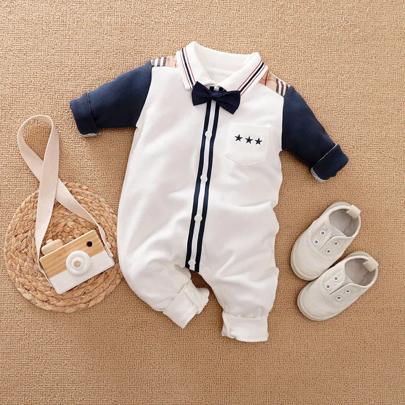 Baby boy's gentleman style long-sleeved cotton romper in one-piece design showing size options from 59cm to 90cm