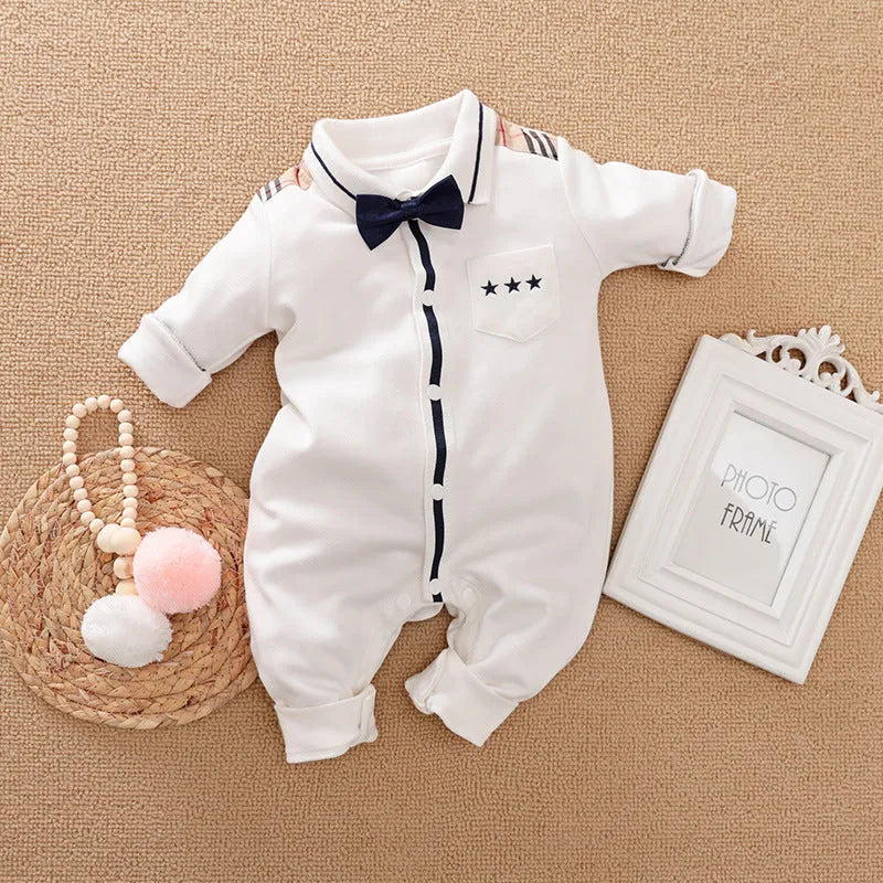 Baby boy's gentleman style long-sleeved cotton romper in one-piece design showing size options from 59cm to 90cm