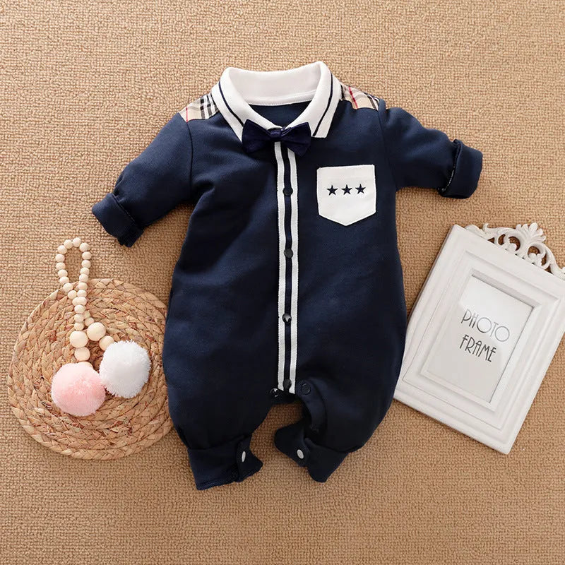 Baby boy's gentleman style long-sleeved cotton romper in one-piece design showing size options from 59cm to 90cm