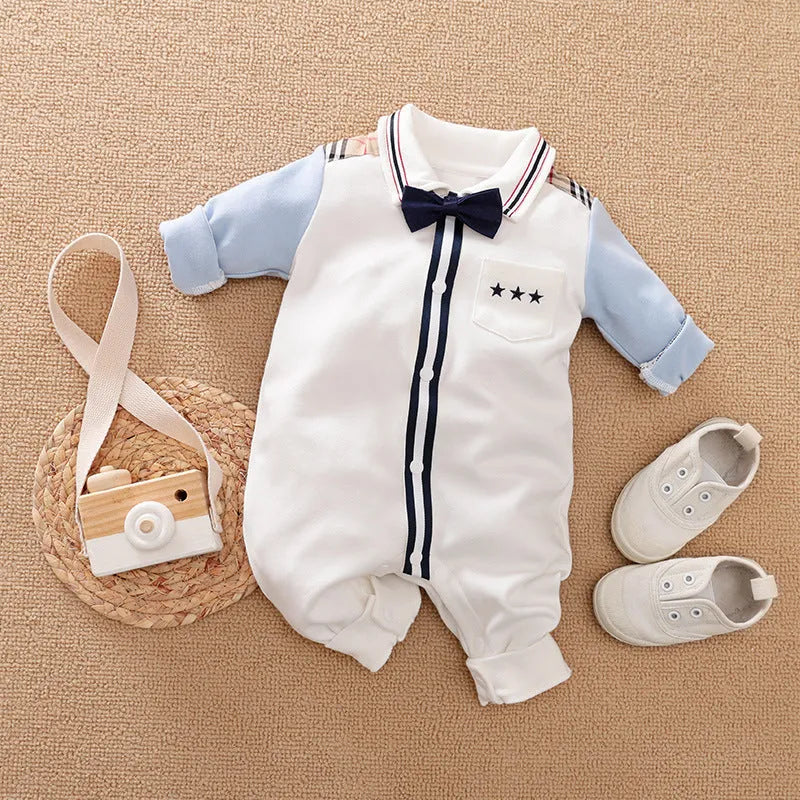 Baby boy's gentleman style long-sleeved cotton romper in one-piece design showing size options from 59cm to 90cm